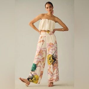 Anthropologie Maeve Pia Binazzi Graphic Floral Bird Wide Leg Pants Medium